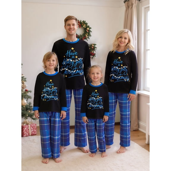 Christmas Family Pajamas Matching Set Long Sleeve Letters Print T-shirt with Plaid Pants Sleepwear Loungewear