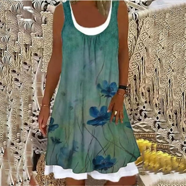 Robe d'Été Décontractée pour Femme à Col Rond Imprimée Sans Manches à Empiècements