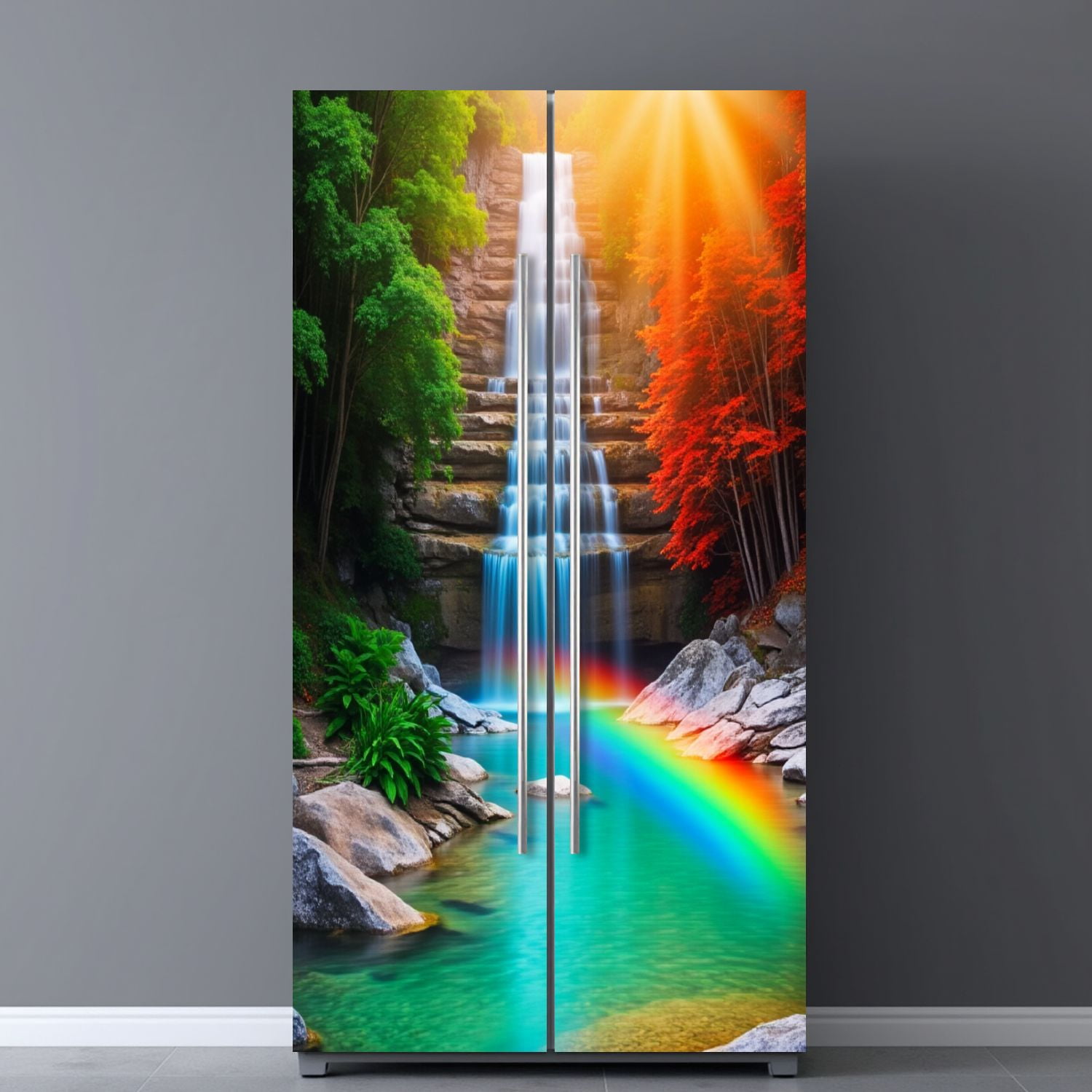 Self Adhesive Vinyl Refrigerator Wrap Set Waterfall Rainbow Landscape Nature Forest Greenery Autumn Door Mural Removable Fridge Sticker Peel and Stick&nbsp;Full Door Cover Decal Kitchen Bar Decor