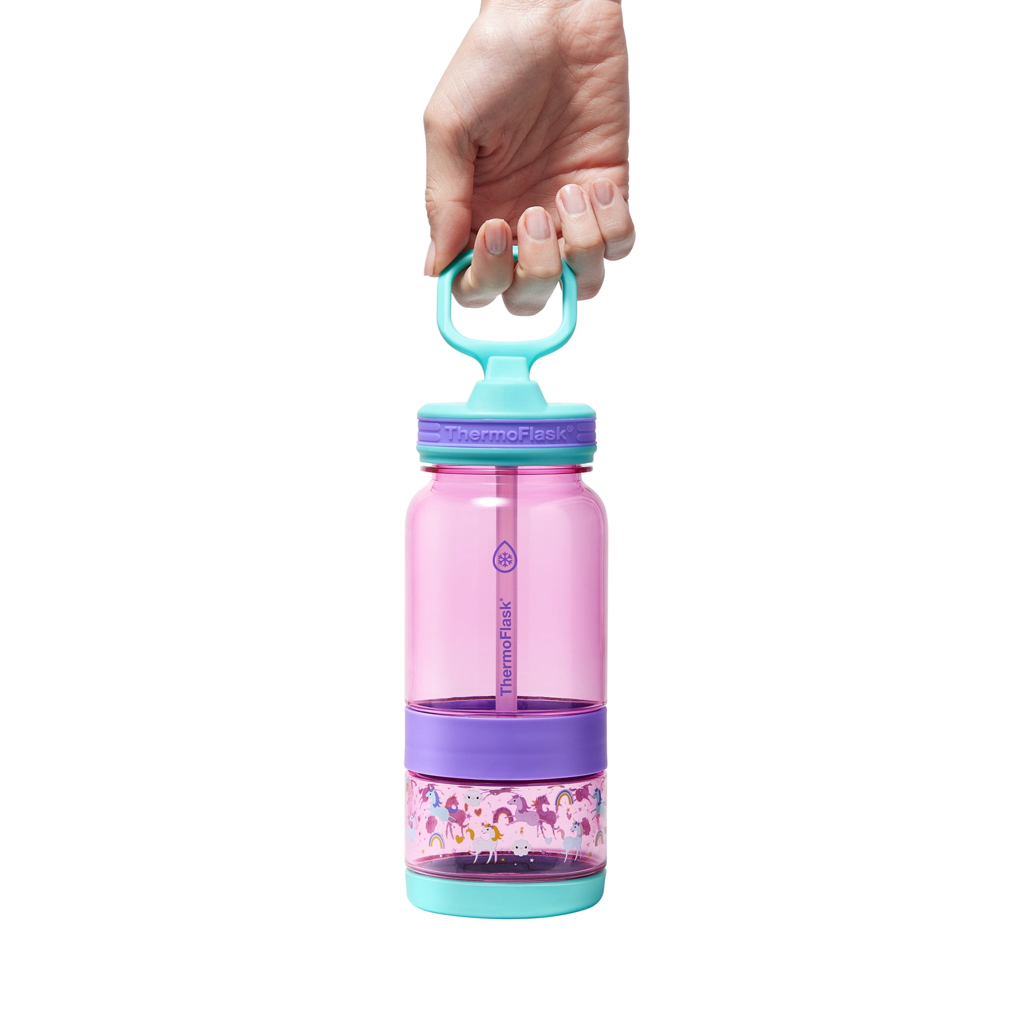 ThermoFlask 14 oz 2-in-1 Snack and Sip Durable Tritan Bottle with Integrated Snack Cup Compartment - Leakproof Folding Straw Lid - Protective Bumper - Unicorns Design
