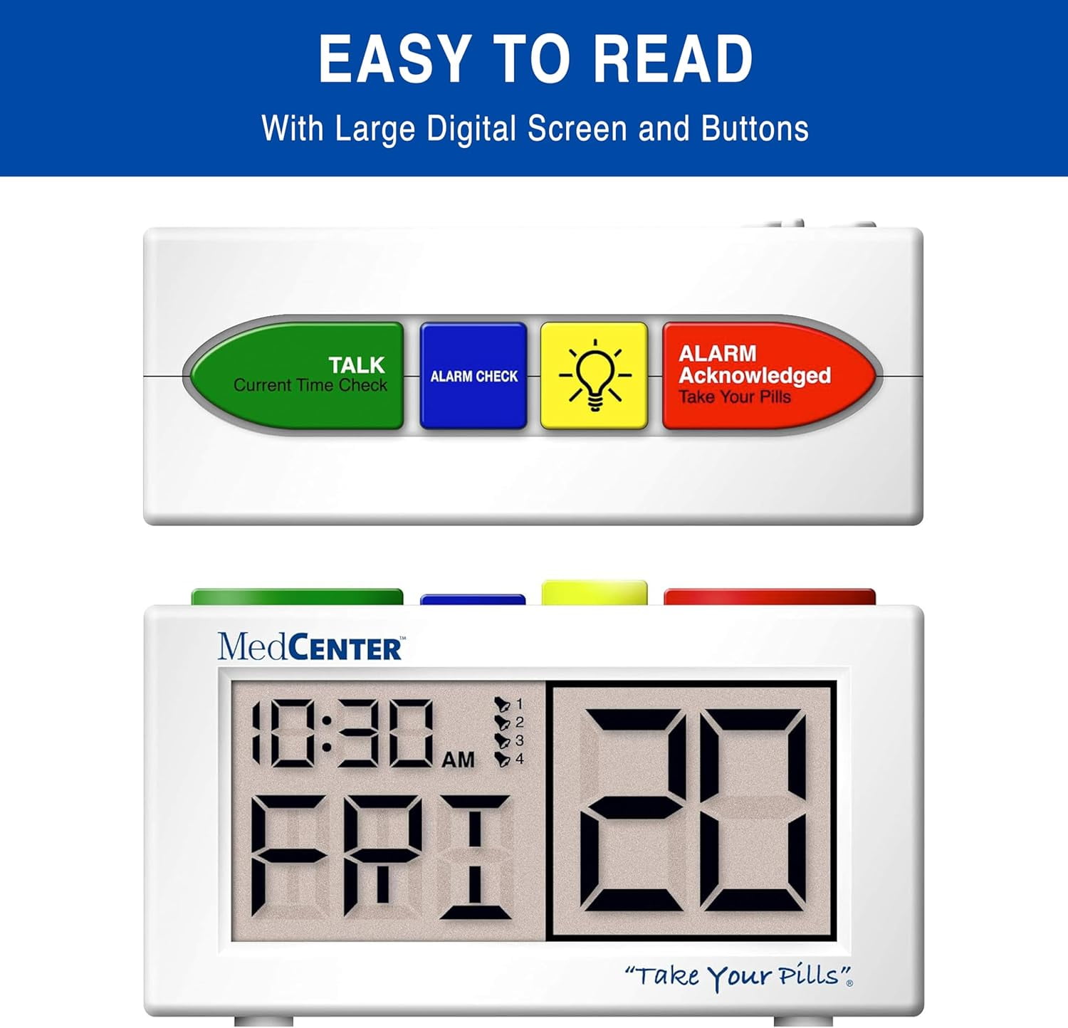 FSA/HSA Medcenter Talking Alarm Clock – Medication Reminder with Easy-Set Alerts for Seniors, Extra-Large Display, 0.56 lb, White