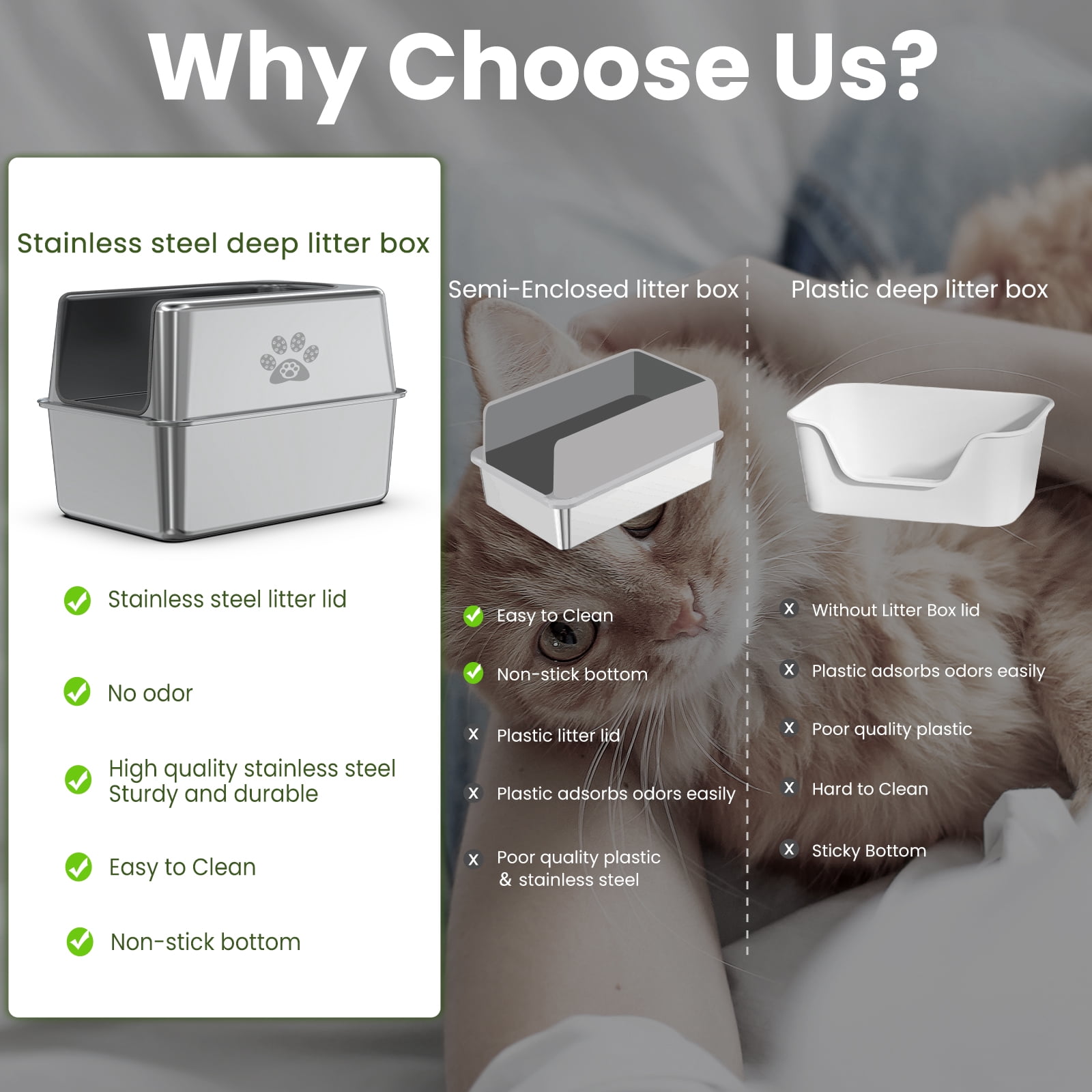 Ptlom Stainless Steel Litter Box with Lid Metal Litter Box Extra Large Cat Litter Pan 23.4" X 15.5" X 15.7"