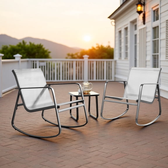 Bigleap 3-Piece Outdoor Rocking Chair Set with Table, Textilene Patio Rockers & Tempered Glass Top, All-Weather Garden Conversation Set for Porch, Balcony, Poolside, Gray