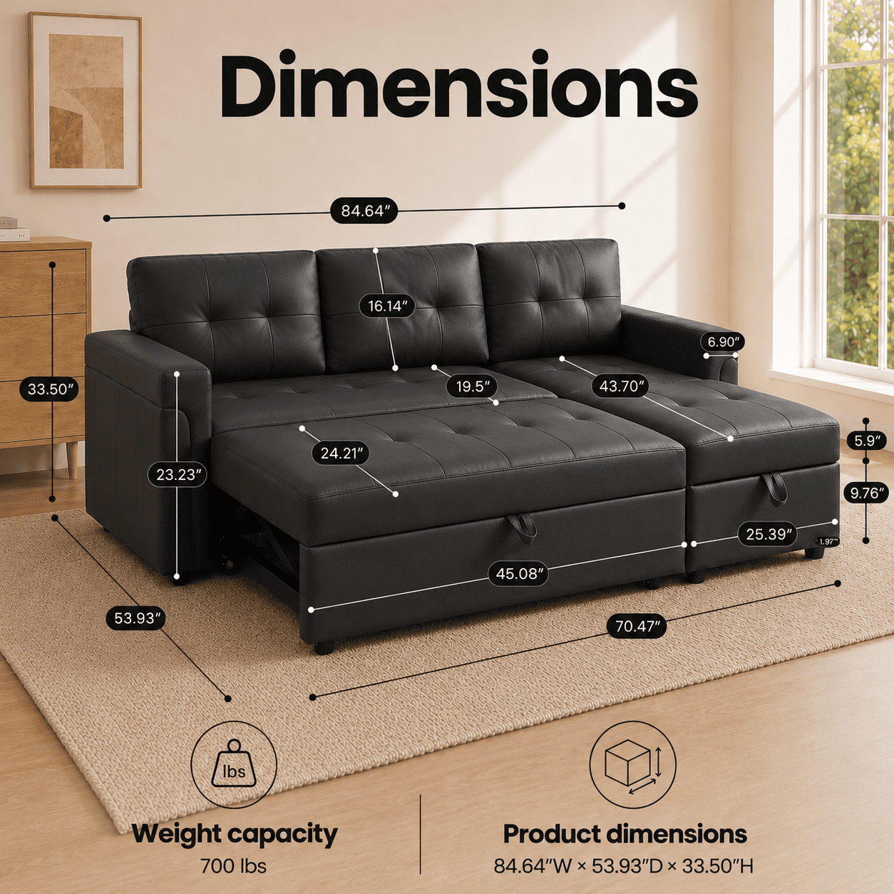 Naomi Home Laura Modern L-Shaped Air Leather Sleeper and Storage Sectional Sofa, Black
