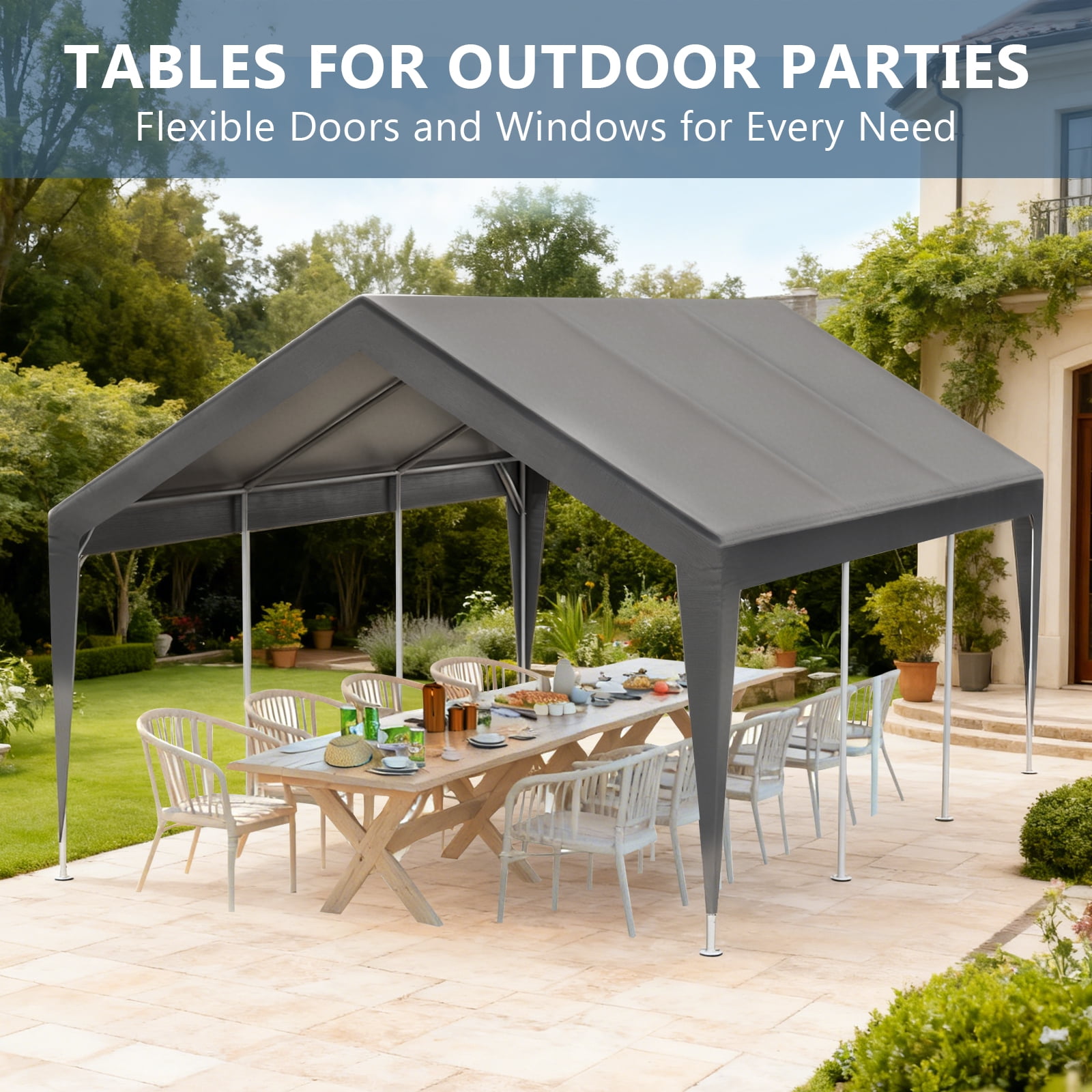 13x26 ft Heavy Duty Carport Canopy with Roll-up Ventilated Windows & Doors, Side Door Portable Garage with Metal Frame, Car Canopy with Waterproof & UV-Resistant for Car, Truck, Boat - Grey