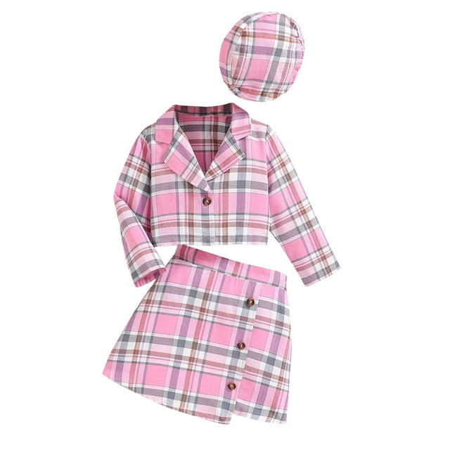 Dealovy Girls 3 Piece Outfits Plaid Long Sleeve Button Closure Crop Jacket with Wrapped Skirt and Hat