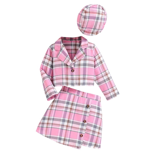 Odeerbi 3-10 Años Niñas A Cuadros de Lana Falda Conjunto de Manga Larga Con Solapa de Muesca Blazer Chaqueta A-Line Vestido Con Sombrero de Boina Conjunto de Tres Piezas