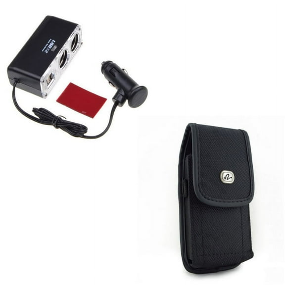 Black Rugged Canvas Phone Case w Car Lighter Socket Splitter 2-Port Charger Adapter V4D Compatible With Google Pixel 3a XL