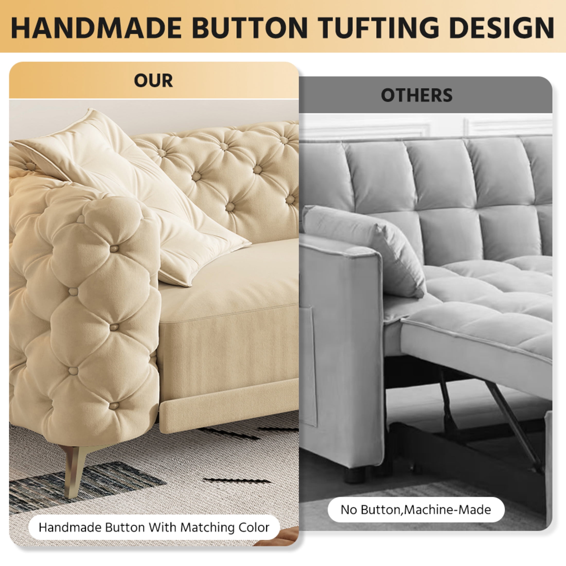 Noble House Rostin 4-Seat Velvet Convertible Sleeper Sofa, 3-in-1 Pull-Out King Bed with Movable Ottoman, Apricot