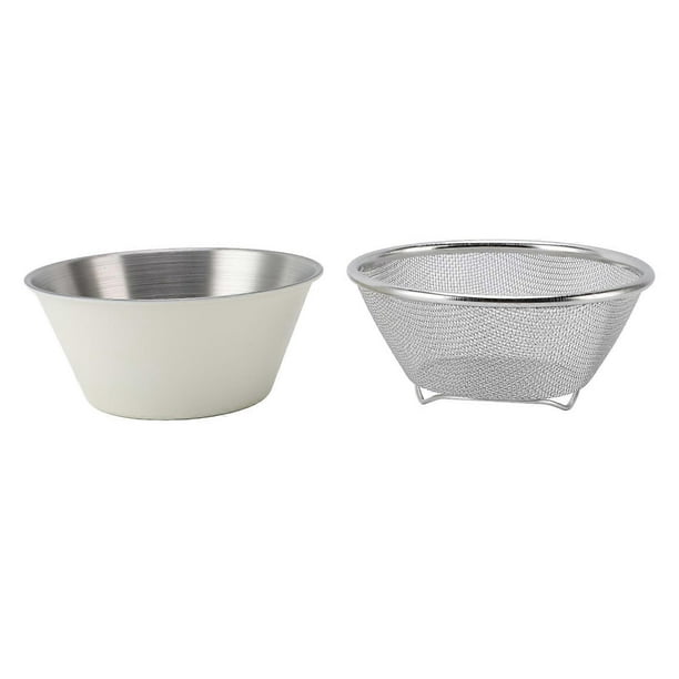 304 Stainless Steel Colander with Mixing Bowl Portable Kitchen Microporous Strainer for Washing Rice Pasta Small Grains Beige