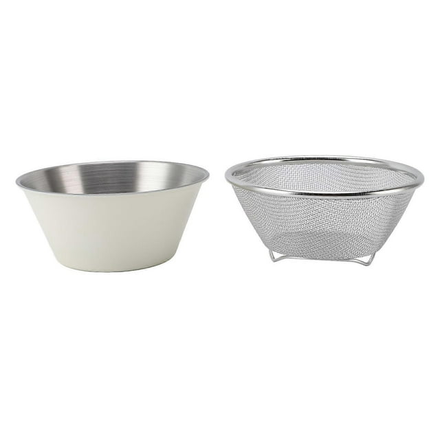 304 Stainless Steel Colander with Mixing Bowl Portable Kitchen Microporous Strainer for Washing Rice Pasta Small Grains Beige