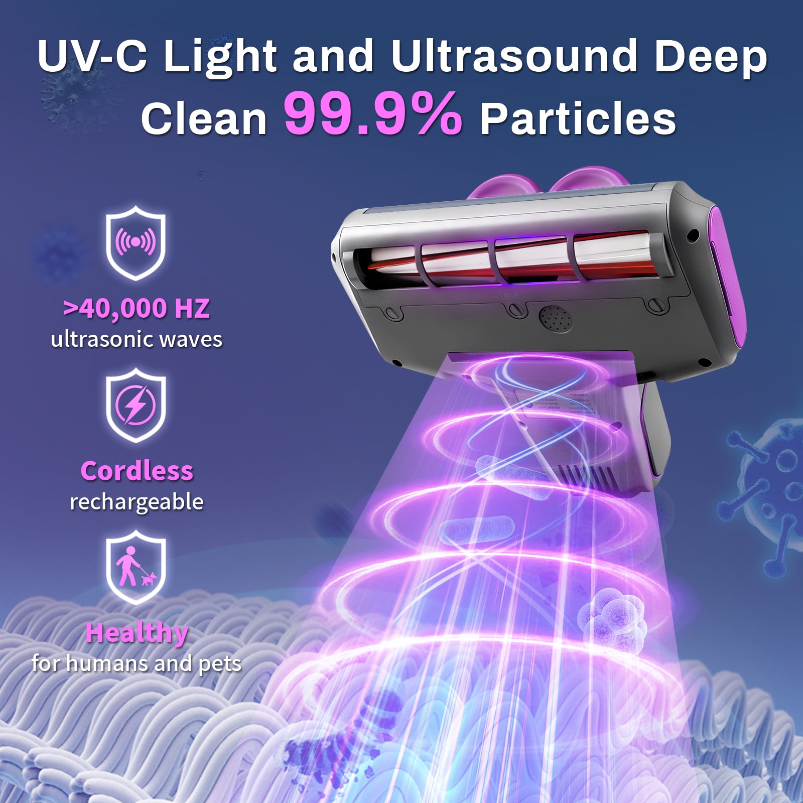 Cordless Mattress Vacuum Cleaner, 16kpa Bed Vacuum Cleaner with 253.7nm Uv-C Light & Ultrasonic Tech Dual Bins for Dust & Widen Suction Port 120w for Bed Sofa & Pet Hair(Purple)
