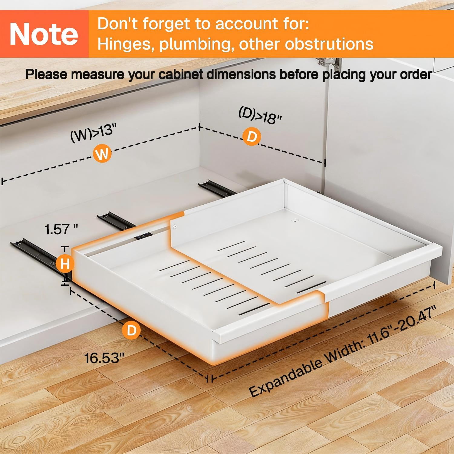 Behome 2 Pack Pull out Cabinet Organizer, Expandable (11.6"-20.5") Slide out Drawers Upgrade 3 Slide Rails, Roll out Shelf Storage for Kitchen Cabinet Organizer with Adhesive Nano Film, White