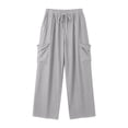 thumbnail image 7 of Women's Linen Wide Leg Cargo Pants Elastic Drawstring Waist Casual Loose Trousers With Pockets, 7 of 7