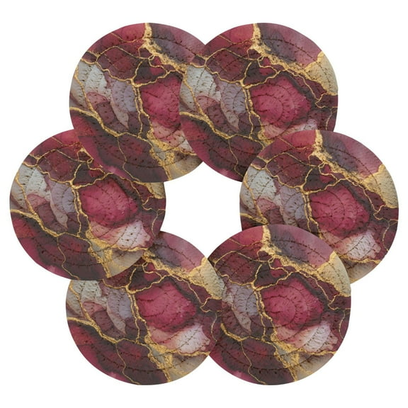 Round Placemats Set of 6 Heat Resistant Washable Kitchen Table Decorations 15.4in Wine-red Marble