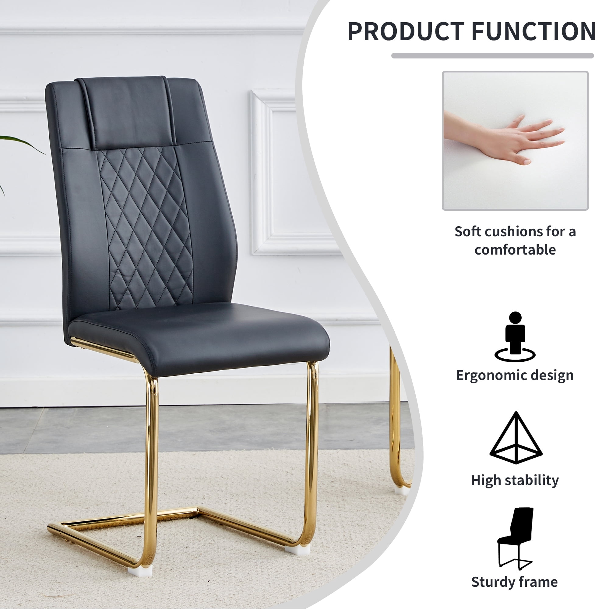 NYEESS Set of 4 Black Armless Dining Chairs with Waterproof Faux Leather Upholstered Seat Gold Electroplated Metal Frame for Kitchen Dining Room