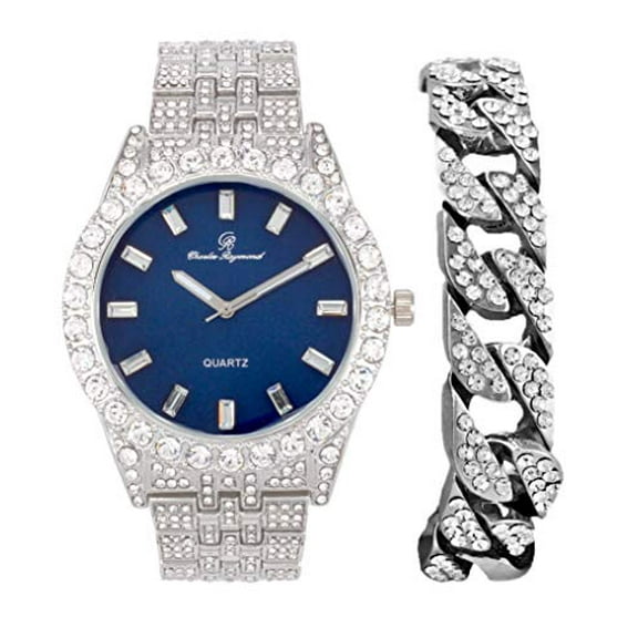 Charles Raymond Mens WristWatch w/Matching Iced Rolly Hip Hop Bracelet - Big Rhinestones on Trim and Elegant Baguette Time Indicators on Dial- Master Blingout Designer - ST10226B (Silver Bright Blue)