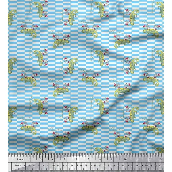 Soimoi Blue Cotton Voile Fabric Floral & Chameleon Reptile Decor Fabric Printed Yard 42 Inch Wide