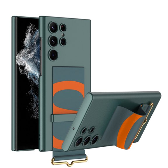 SaniMore for Samsung Galaxy S22 Ultra 6.8" 2022 Case with TPU Wrist Strap [Kickstand] [Wireless Charging] Anti-fall Shockproof PU Leather Skin Wear-resistant Stylish Cover for S22 Ultra, Darkgreen