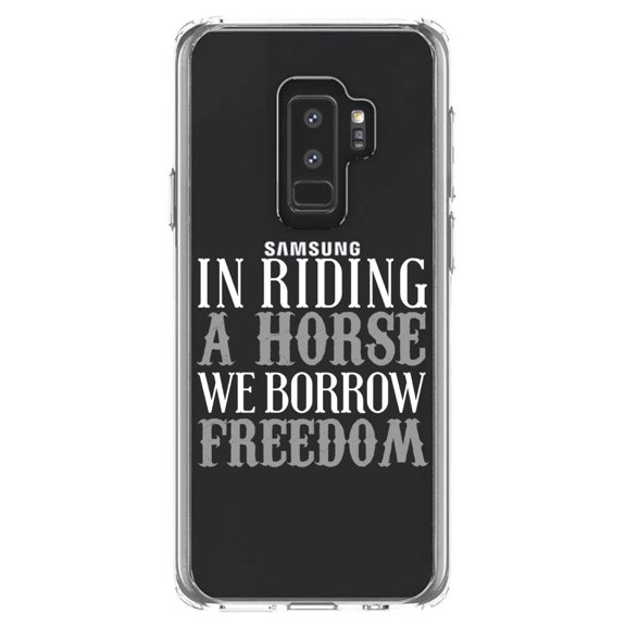 DistinctInk Clear Shockproof Hybrid Case for Samsung Galaxy S9  PLUS (6.2" Screen) - TPU Bumper Acrylic Back Tempered Glass Screen Protector - In Riding a Horse, We Borrow Freedom