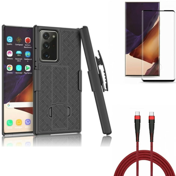 Screen Protector & Case Belt Clip & 10ft PD Cable for Samsung Galaxy Note 20 Ultra (6.9") - Combo with Tempered Glass (Fingerprint Unlock) & Holster Swivel & Type-C to USB-C Charger Cord