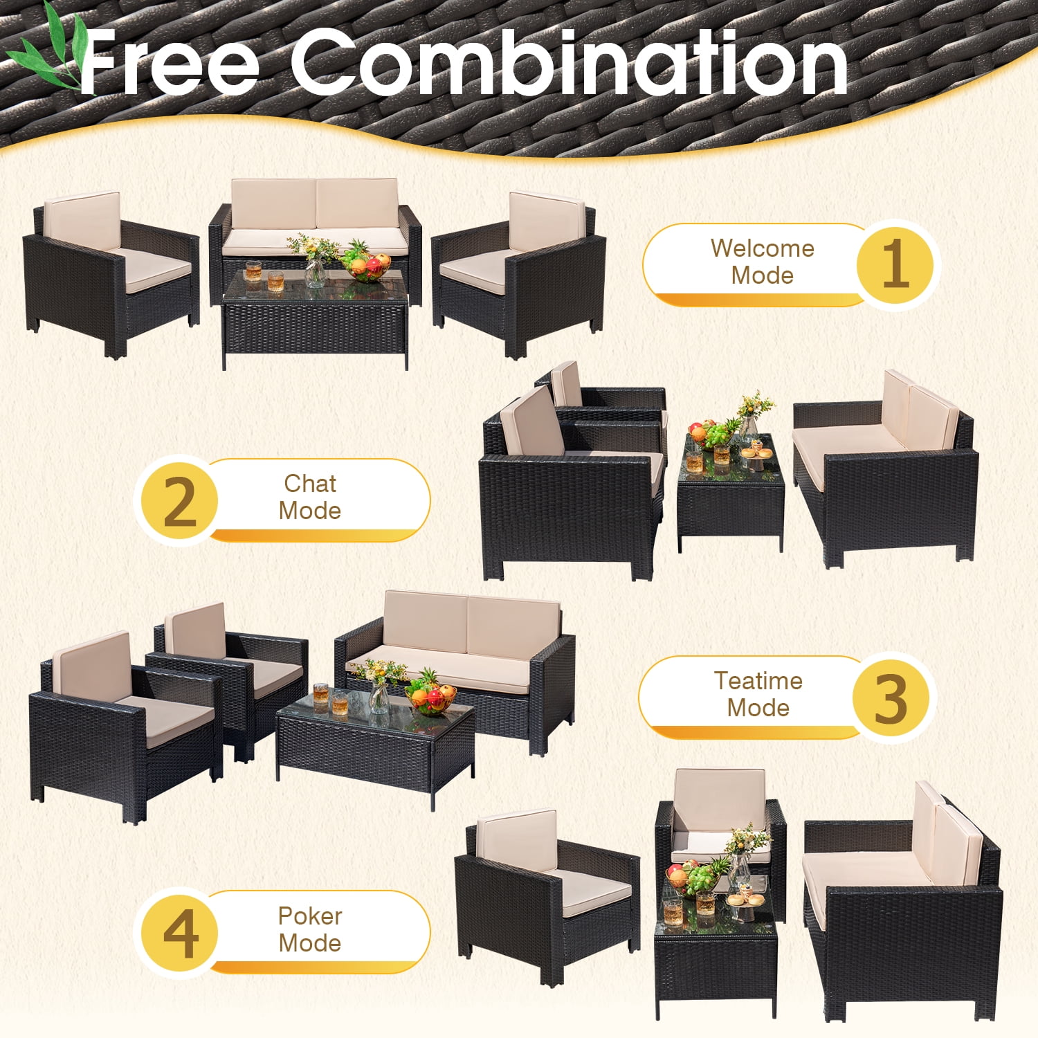Devoko 4 Pieces Patio Set PE Rattan Wicker Furniture Sofa Set Outdoor Indoor Furniture Set, Black