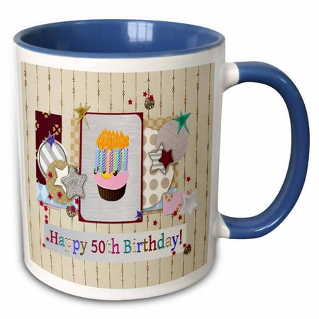 3dRose Collage of Stars, Cupcake, and Candle, Happy 50th Birthday - Two Tone Blue Mug,