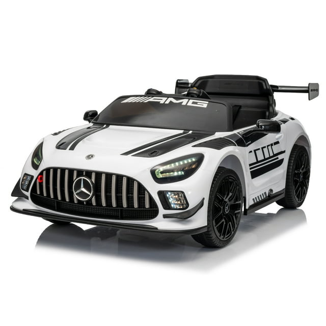VOLTZ TOYS Licensed Mercedes-AMG GT3 24V Kids Ride On Car - Electric Racing Car with Leather Seat, Remote Control, LED Lights & Music - White