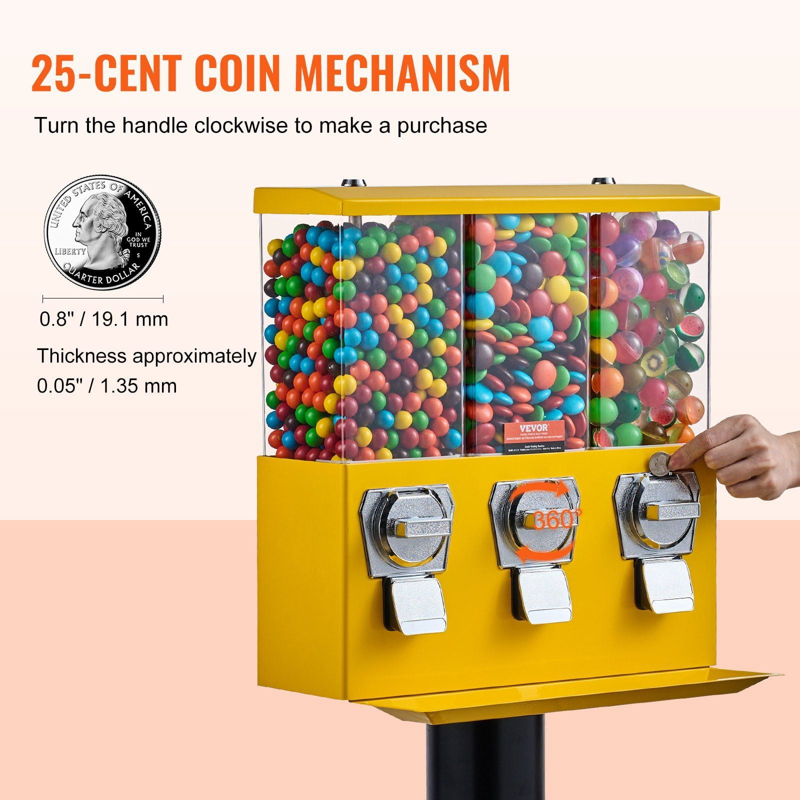 HCY Gumball Machine Vending Coin Bank Vintage Candy Dispenser Stand Yellow