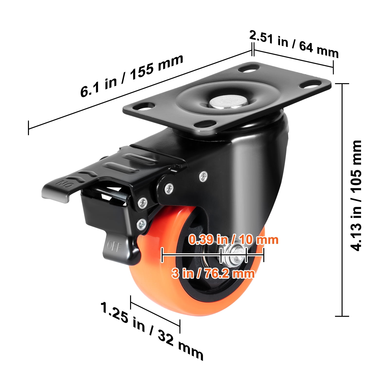 VEVOR Caster Wheels, 3-inch Swivel Plate Casters, Set of 4, with Security A/B Locking No Noise PVC Wheels, Heavy Duty 250 lbs Load Capacity Per Caster, Non-Marking Wheels for Cart Furniture Workbench