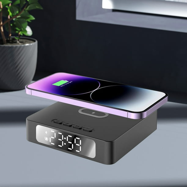 Reloj multifuncional inalámbrico con carga inductiva y alarma, 15W, Apto para IOS y Android, Negro