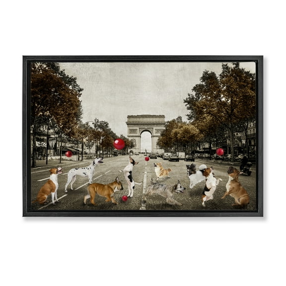 Stupell Industries Dogs Playing Among Architecture Animals & Insects Painting Black Floater Framed Canvas Art Print Wall Art, 25 x 17