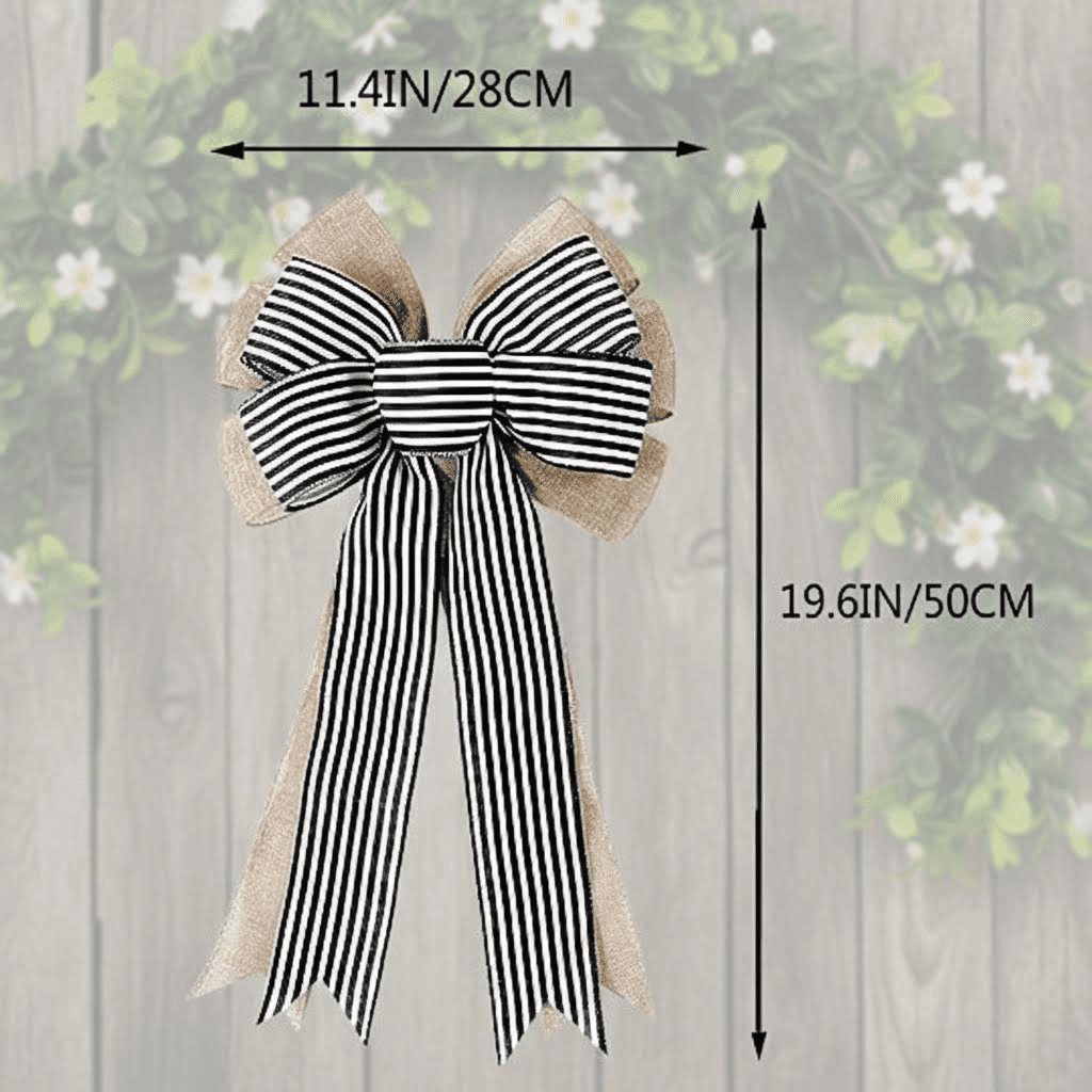 2 Pack Rustic Burlap Bows with Black and White Stripes for Wreaths, Farmhouse Decor, Holiday Crafts, Wedding Party, Tree Topper, and Home Front Door Decorations