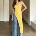 thumbnail image 4 of Women's Crew Neck Sleeveless Long Tank Top Solid Color Asymmetric Slit Hem Slim Fit Casual Summer Cami Vest Yellow, 4 of 7