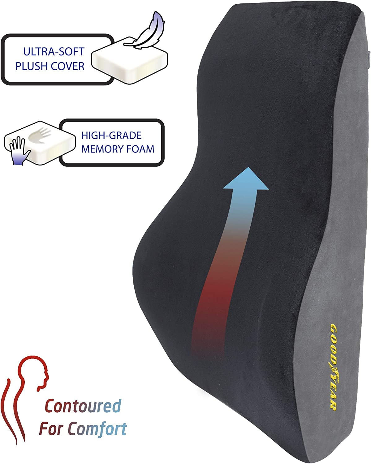 Goodyear Lumbar Support Pillow, Contoured Memory Foam, Office, Car Use 