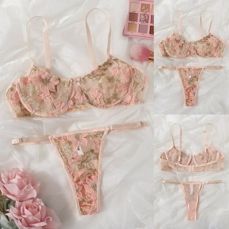 

MRULIC lingerie for women G-string Flowers Embroidery Bralette Lace Bra Bustier Lingerie Thong Pink + M