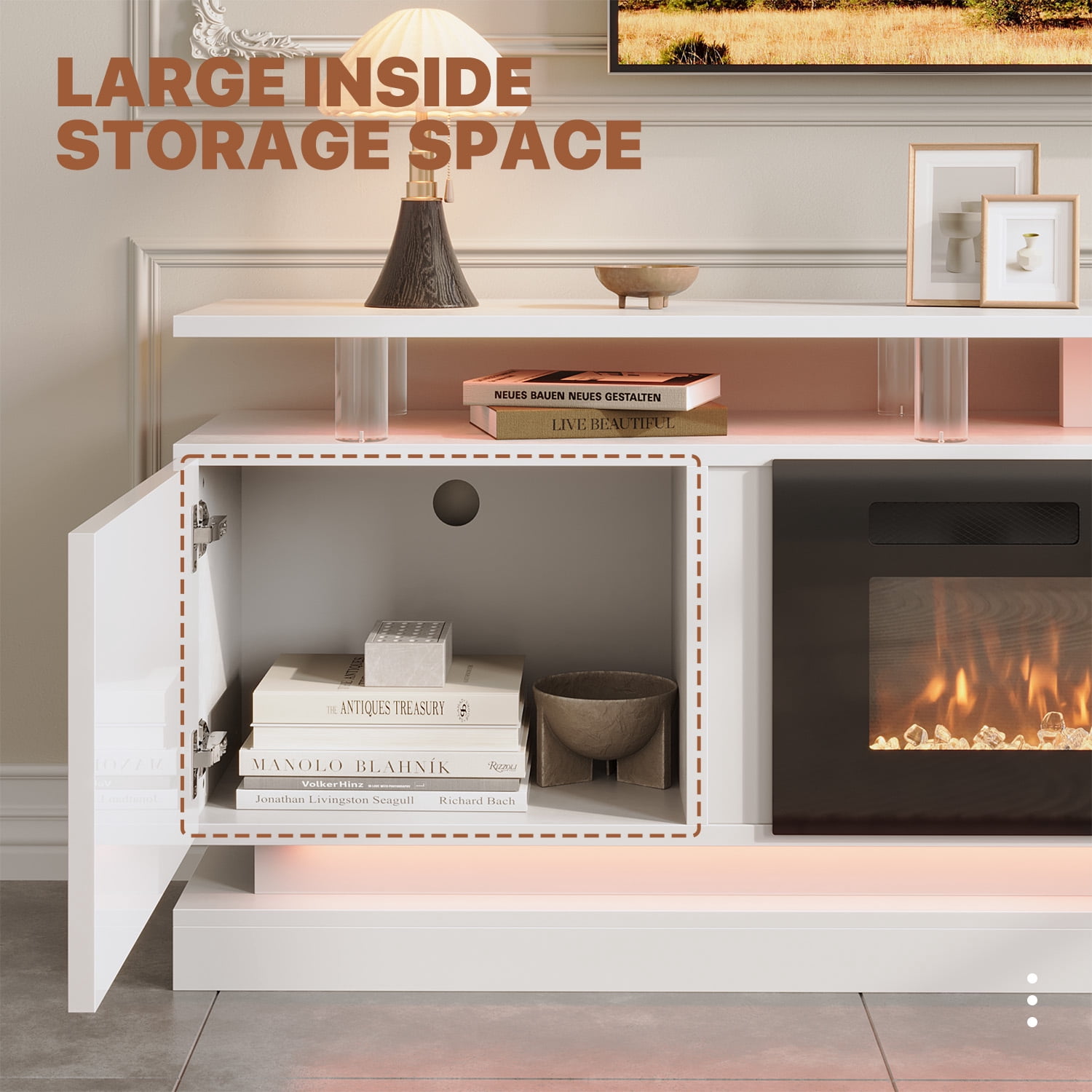 BaPiPro 80" Fireplace TV Stand with Storage, Modern Entertainment Center for TVs Up to 90", White TV Console with 36" Electric Fireplace & LED Lights, White