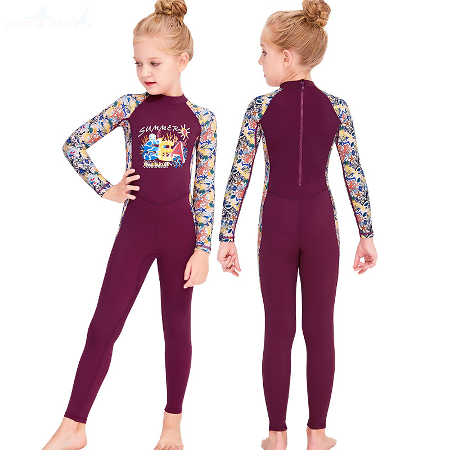 Full Body Swimsuit Girls Boys Long Sleeves One Piece Wetsuit