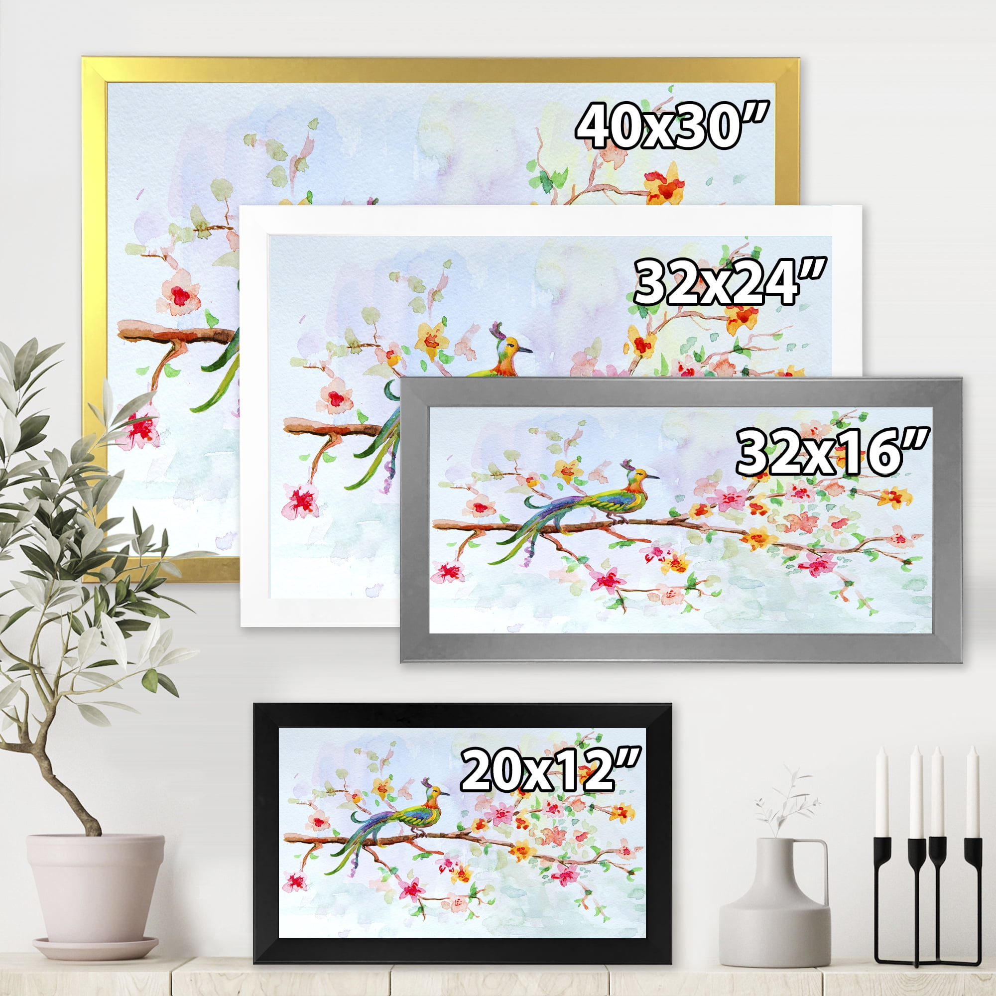 Designart 'Little Bird Sitting On Blooming Branch' Traditional Framed Art Print
