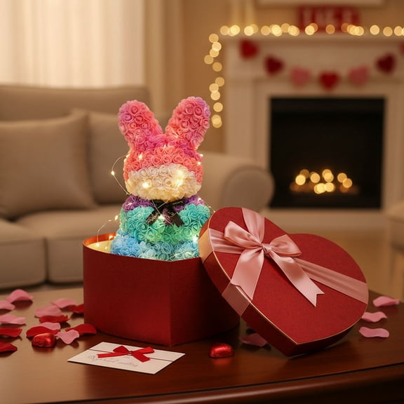 Fust For You Eternal Rose Bunny Gift - Colorful Preserved Flower Bunny With Pe Foam Flowers And Floral Details - For Wife, Girlfriend, Best Friend, Birthday And Valentine's Day