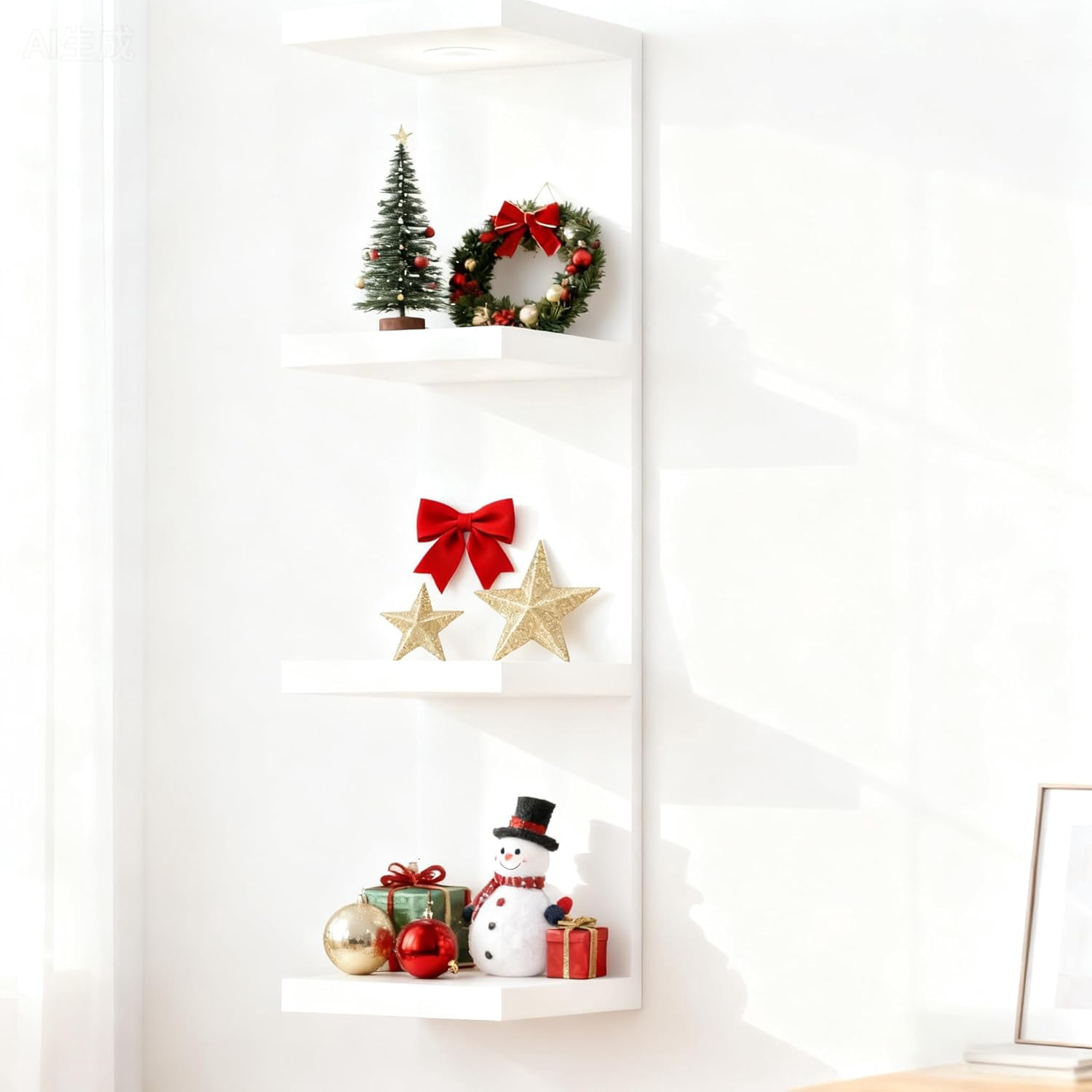 4 Tier Wall Shelf Unit White Floating Shelves with LED Lights, Versatile Organizer for Home Decor Books