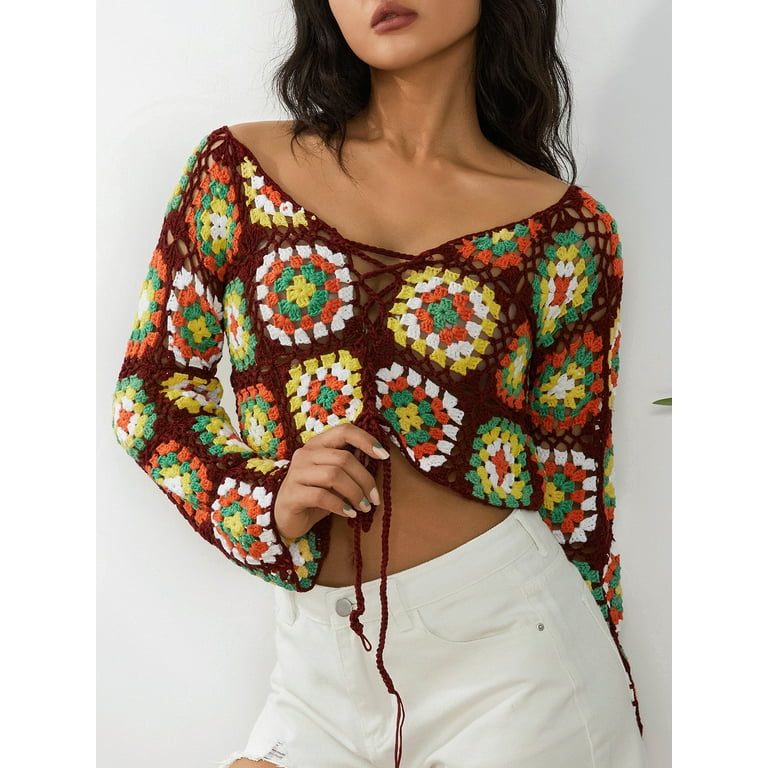Levon Cotton Crochet Lace Up Crop Top - Ivory  Ropa crochet, Tejidos de  moda, Blusas tejidas de moda