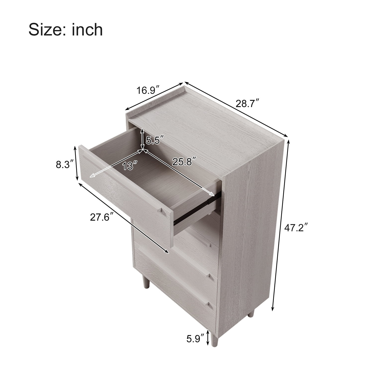 Kadyn MDF Side Table, Modern Style Nightstand with 5-Drawer and Wood Legs, Bedside End Table for Bedroom, Stone Gray
