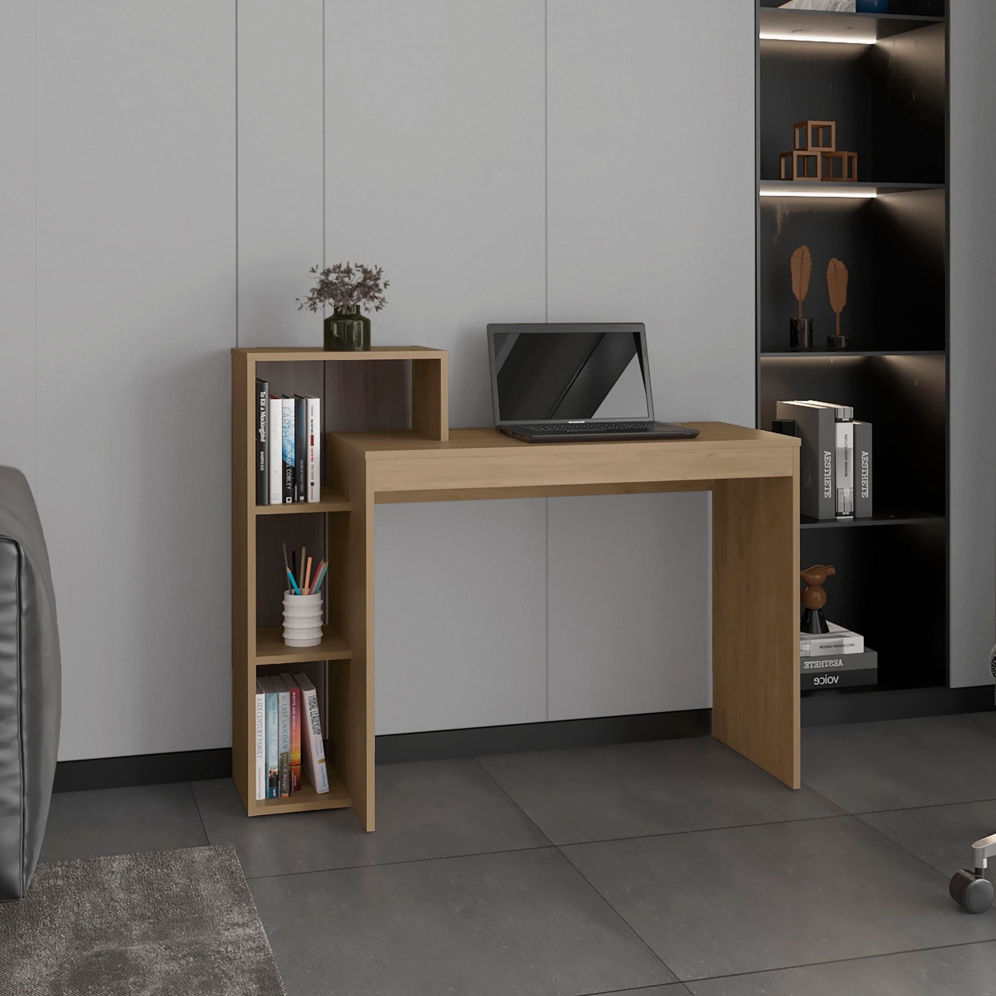 TUHOME Britt Computer Desk, 43.3" Wide Writing Desk with 4 Open Shelves, Home Office Desk, Natural Oak