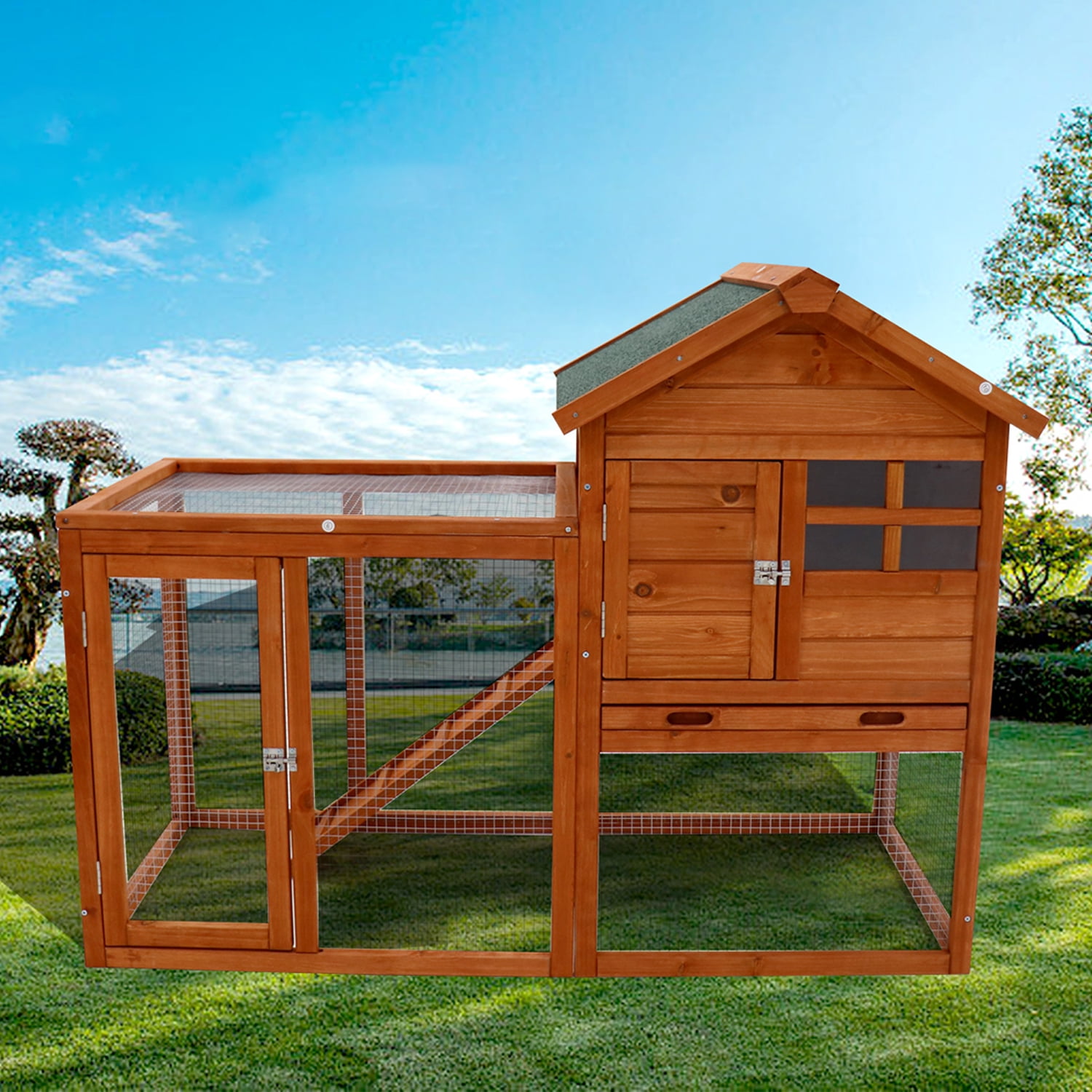 Pefilos 47" Deluxe Wooden Chicken Coop Hen House, Rabbit Wood Hutch, Indoor Outdoor Bunny Cage with Run, No Leak Tray and UV Panel, Natural Pefilos 47" Deluxe Wooden Chicken Coop Hen House, Rabbit Wood Hutch, Indoor Outdoor Bunny Cage with Run, No Leak Tray and UV Panel, Natural