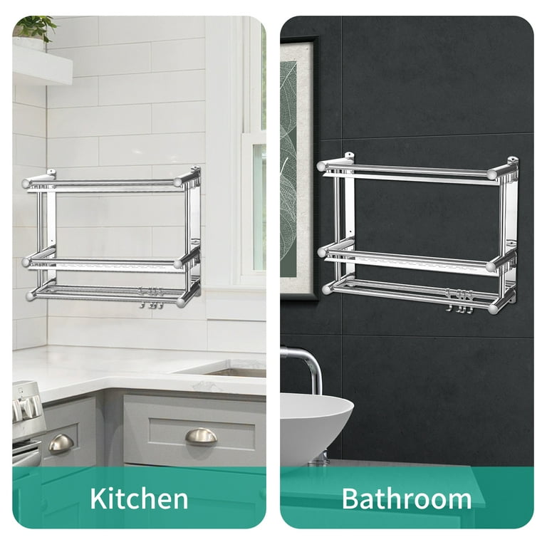 Double-layer Shower Shelf With 2 Towel Bar 4 Hooks No Drilling Adhesive  Bathroom Shelf Organizer Wall Mounted Shower Storage Rack for Toilet Dorm  Kitchen 