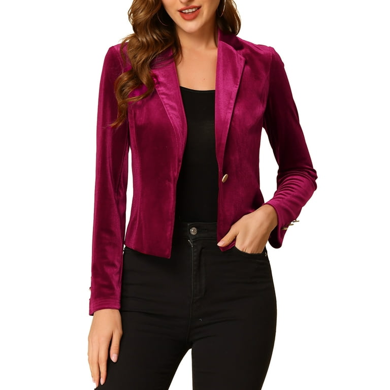 Unique Bargains Women's Button Front Velvet Blazer Lapel Office Crop Suit  Jacket 