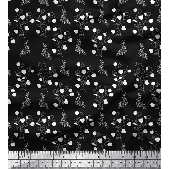 Soimoi Black Cotton Duck Fabric Flower Leaves Print Sewing Fabric Yard 44 Inch Wide