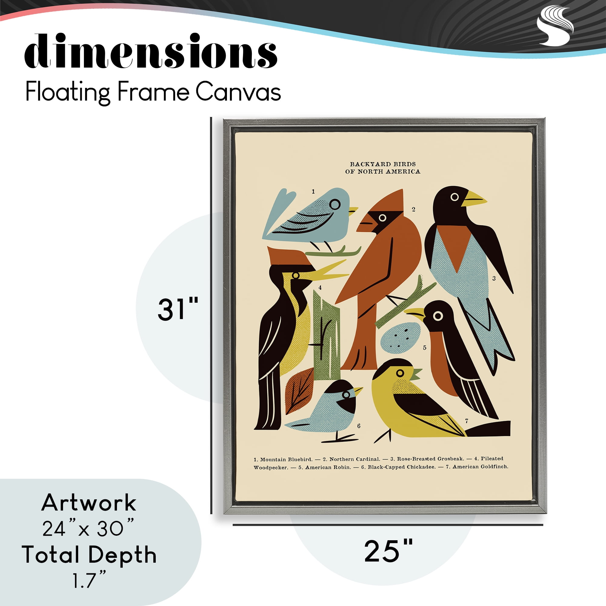Backyard Birds Midcentury Modern Gray Framed Floater Canvas Wall Art, design by Renea L. Thull