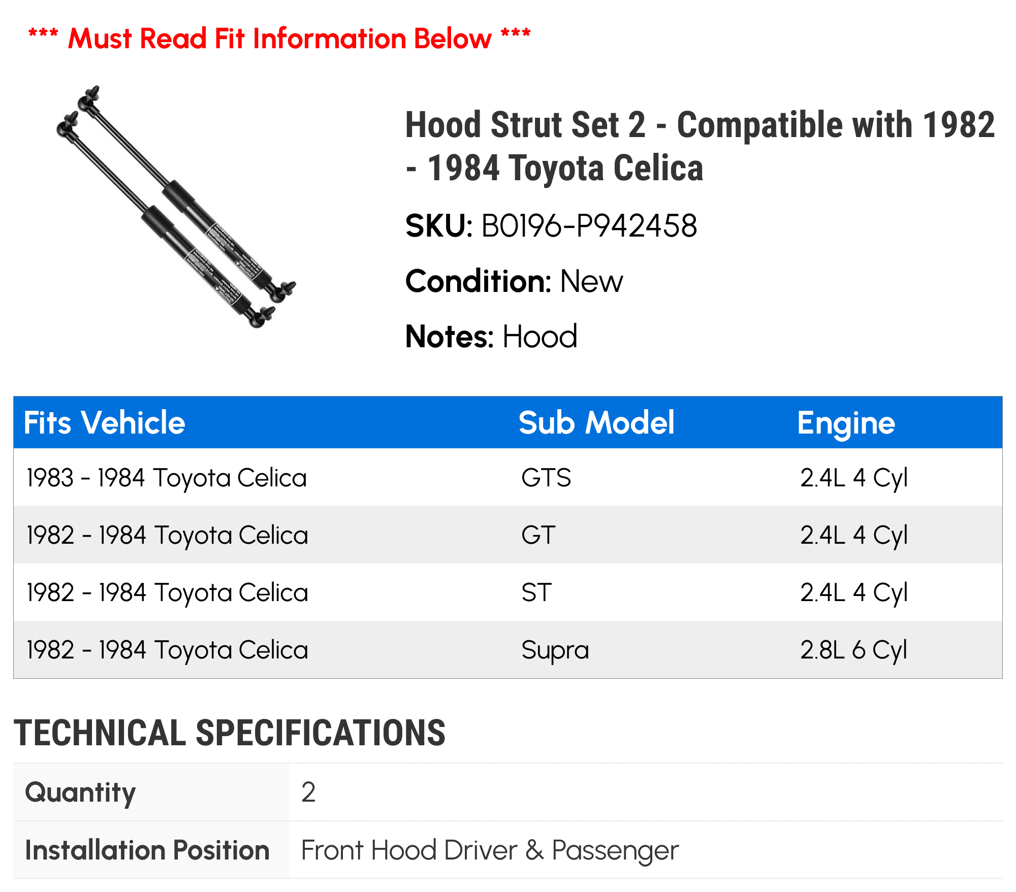 Hood Strut Set 2 - Compatible with 1982 - 1984 Toyota Celica - Autopart Premium
